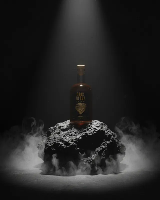 Botella de mezcal Cruz Negra Añejo, marca desarrollada por Dobalab