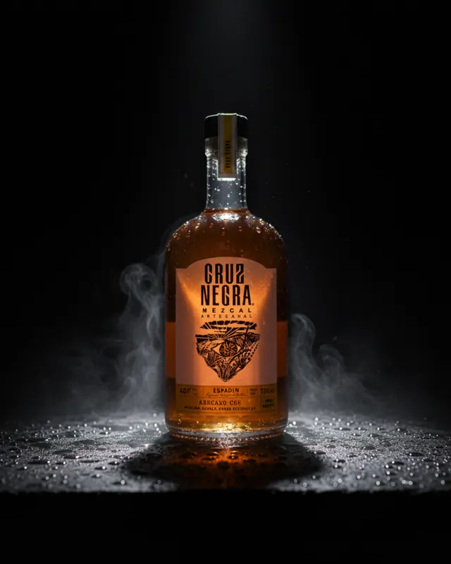 Botella de mezcal Cruz Negra Espadín con etiqueta diseñada por Dobalab