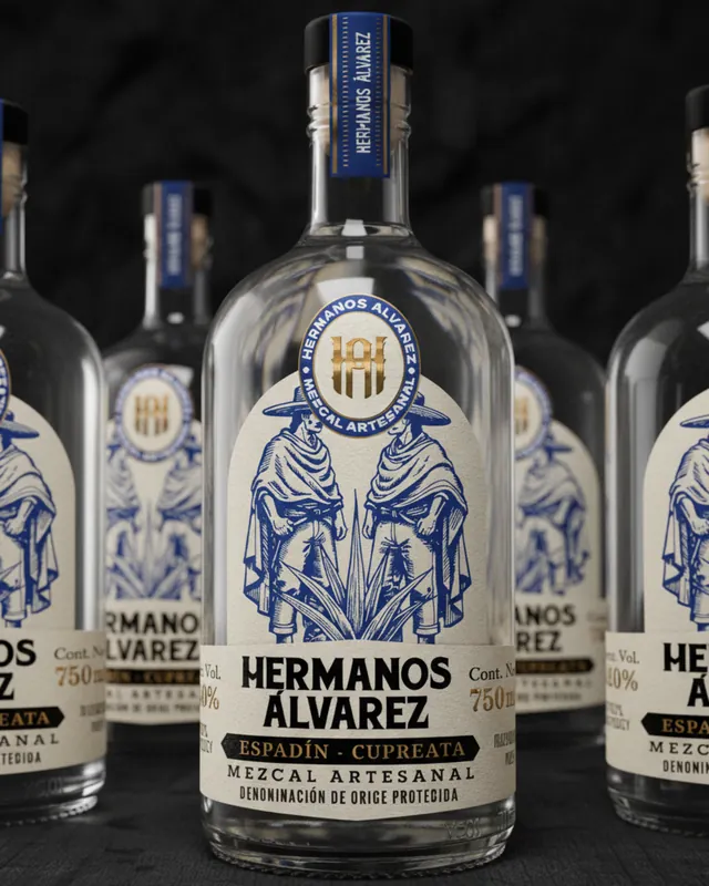 Botellas de mezcal artesanal Hermanos Álvarez con identidad y etiqueta desarrolladas por Dobalab en Oaxaca