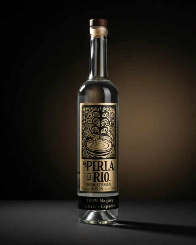 Botella de mezcal artesanal La Perla del Río con etiqueta ilustrada por Dobalab