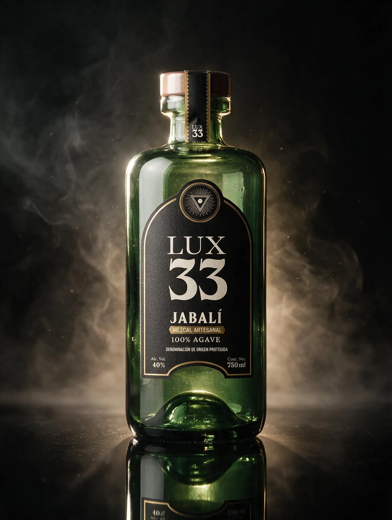 Botella de mezcal Lux 33 Jabalí, marca desarrollada por Dobalab