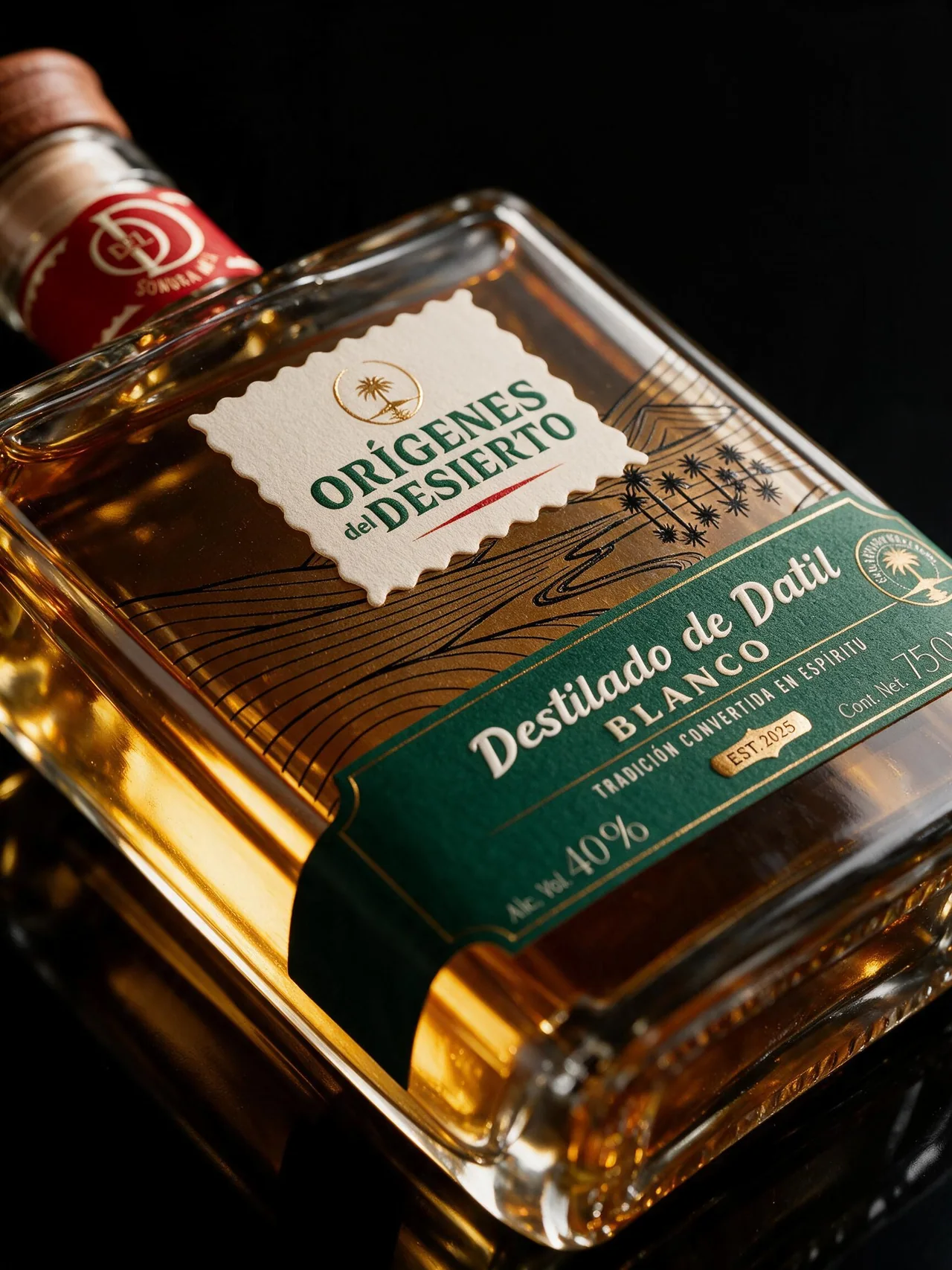 Botella de mezcal Orígenes del Desierto Blanco, marca desarrollada por Dobalab
