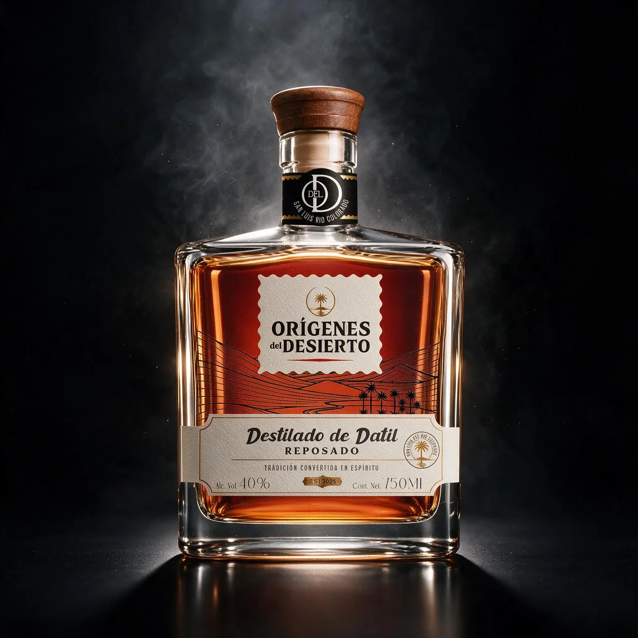 Botella de mezcal Orígenes del Desierto Reposado, marca desarrollada por Dobalab